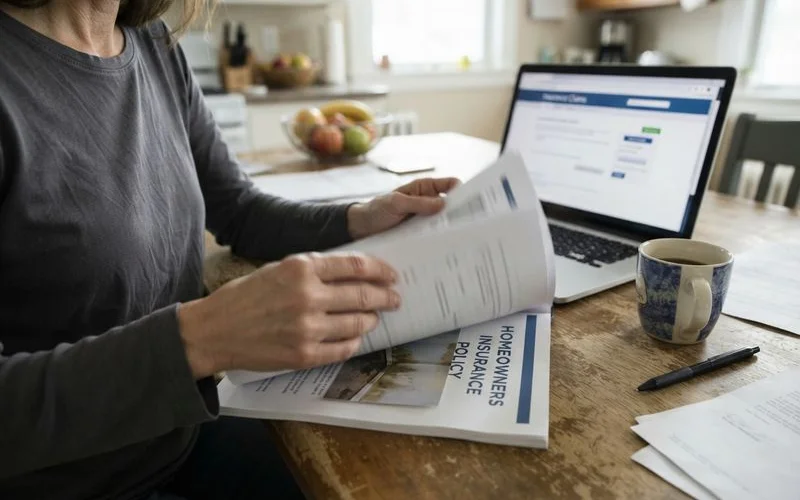 A homeowner reviews an insurance policy document at a kitchen table with a laptop showing basement water damage photos