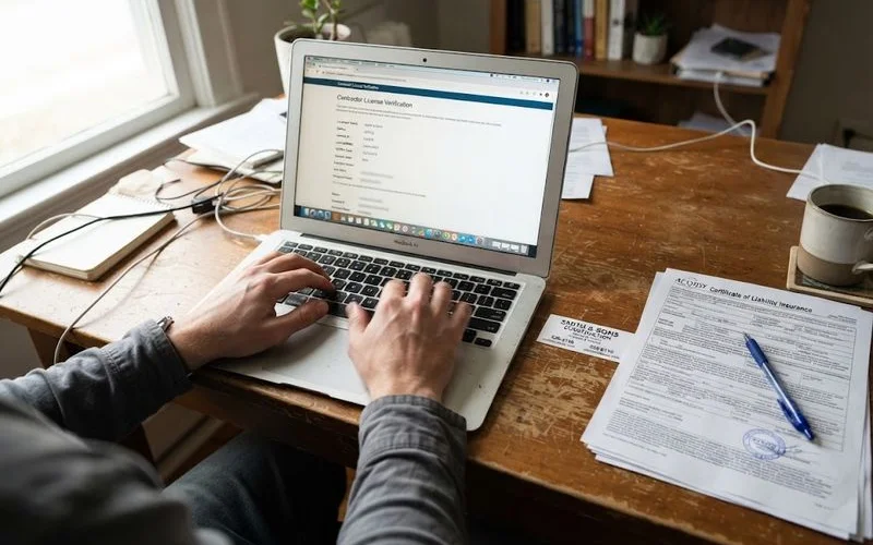 A homeowner checks a contractor's license status on a laptop before signing a waterproofing contract